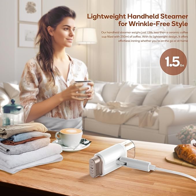 Newbealer Steamer for Clothes, 2 Steam Levels & Dry Iron, 120V Only (Gold) | Foldable & 20s Fast Heat, 360°Anti-Spill, 1200W 180ml Handheld Fabric Wrinkle Remover, 1.5 lbs Compact Size for Trip/Home