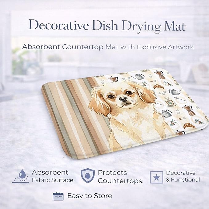 Caroline's Treasures Cream Tibetan Spaniel Coffee Bar Dish Drying Mat Absorbent Dish Drying Mat Pad for Kitchen Counter Dish Drainer Mat for Countertop, 14 x 21", Multicolor