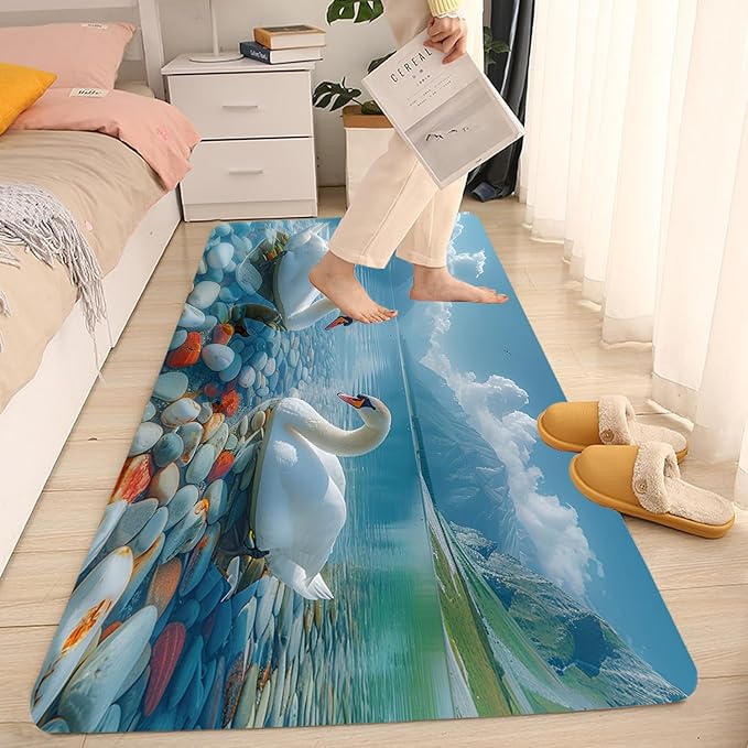 WODEJIA Non Slip Bath Rugs Sponge Foam for Bathroom,Flannel Mat Rug for Living Room, Absorbent MatS for Forlaundry Room and Kitchen,Swans On The Water Welcome Mat 47x18 Inches