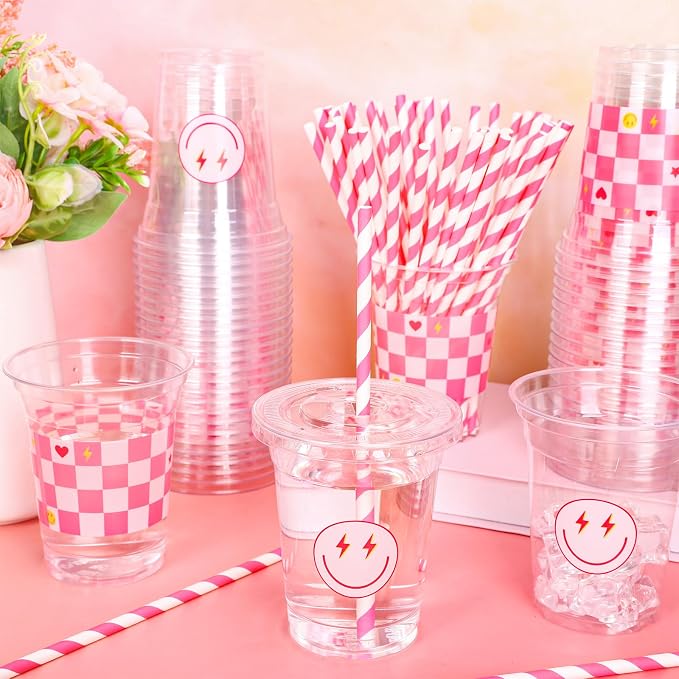 FYSUIMU 50Pcs Preppy Pink Smile Disposable Plastic Cups with Lids and Straws Lightning Smile Heart Checkered Cold Beverage Drinking Cups for Birthday Baby Shower Wedding