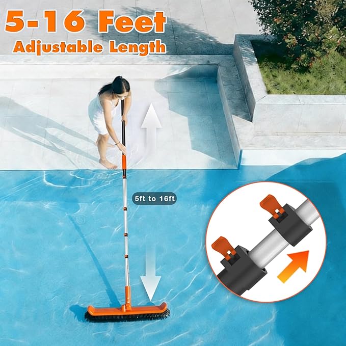 LAANPOLE Telescopic Pool Pole, 16ft Heavy Duty Swimming Pool Pole, Adjustable Pool Cleaning Pole for Skimmer Nets, Vacuum Heads and Brushes