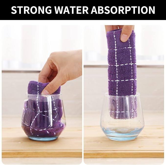 Homaxy Kitchen Towels and Dishcloths Set, 12 x 12 and 13 x 28 Inches, Set of 16 Bulk Cotton Terry Kitchen Towels Set, Checkered Designed, Soft and Super Absorbent Dish Cloths, Purple