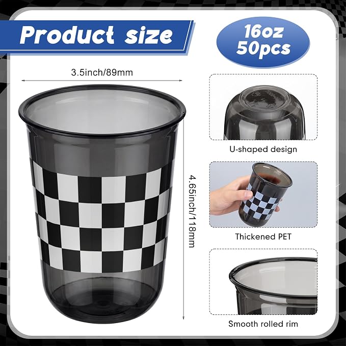 Ziliny 50 Pcs 16oz Black Checkered Cups Racing Party Round Bottom Plastic Cups Party Decorations, Disposable Clear White Black Checkered Flag Cup for Racing Themed Birthday Drink Supplies Decorations