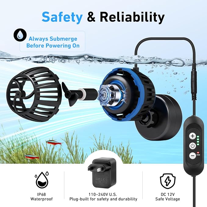 AQQA Magnetic Wave Maker for Aquarium - DC 12V Circulation Pump with External Controller, 4-Speed Adjustable Flow & Feeding Mode, Submersible Powerhead for Freshwater Saltwater Tanks (8W 950GPH)
