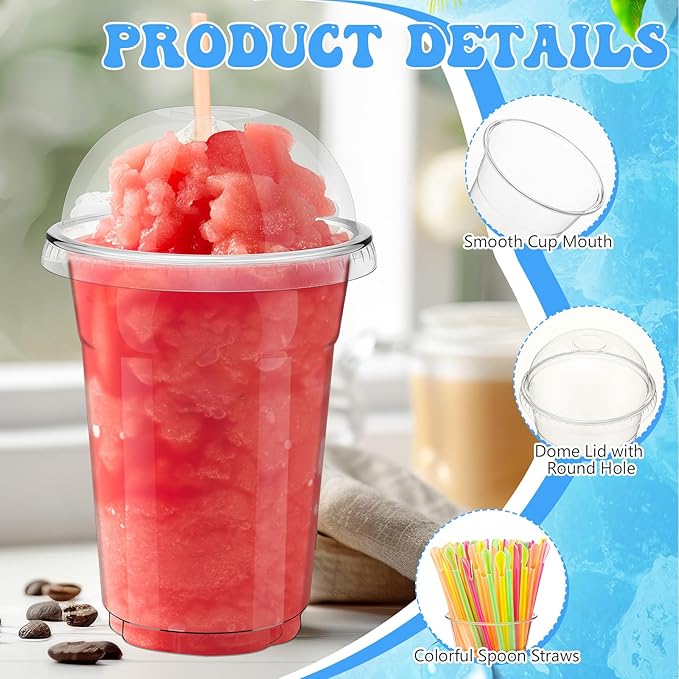 Reallnaive 100 Sets 16 oz Clear Slushie Cups with Dome Lids and Snow Cone Spoon Straws, Disposable Smoothie Cold Drinking Cups for Party Iced Coffee Cold Drinks Juice Milkshake