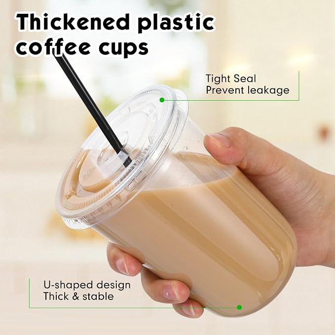 Ziliny 50 Set Clear Plastic Cups with Lids and Straws, Disposable Iced Coffee PET Cups for Drinking Cold Beverage Juice Parfait Smoothie Milkshake Coffee Shops Party Supplies (16 oz)