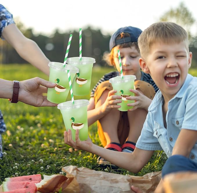 Whaline 50 Pcs Mallard Duck Disposable Plastic Cups with Lids and Straws 12 Oz Cute Green Duck Cold Beverage Drinking Cups for Birthday Baby Shower Party Supplies