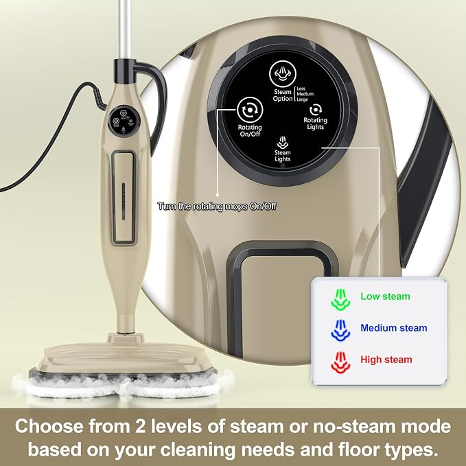 DEVOAC VM6 Scrubbing Steam Mop with Rotating Mop Pads, 10 in 1 Steam Mop, Lightweight Spin Mop & 3 Steam Modes for Hard Floor Laminate Marble Floors (Champagne)