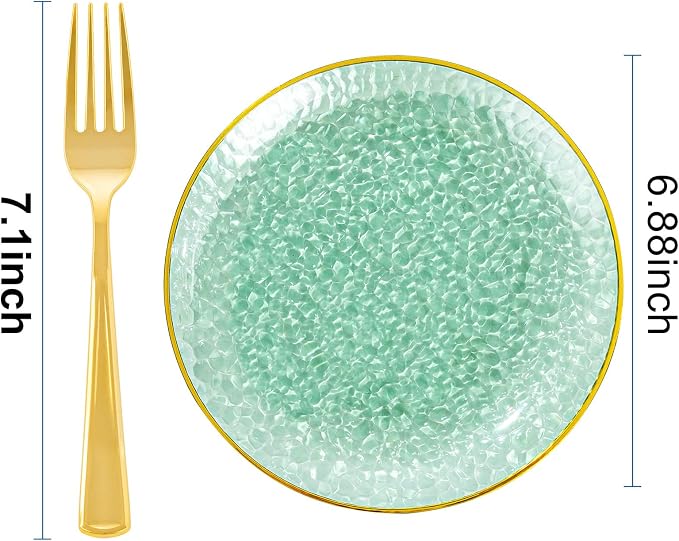 DaYammi 240Pcs Green Plastic Plates Including 120Pcs Dessert Plates and 120Pcs Gold Forks,Hammered Party Plate,Green Gold Appetizer plates Heavy duty Disposable Plastic Plate for Party Birthday Dinner
