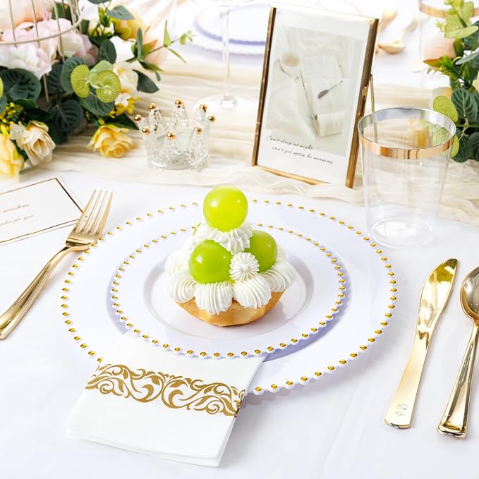LIYH 350 Pcs White and Gold Plastic Plates - Elegant Disposable Gold Plastic Dinnerware Set Include Dinner & Dessert Plates Cups Napkins for Birthday Party Wedding