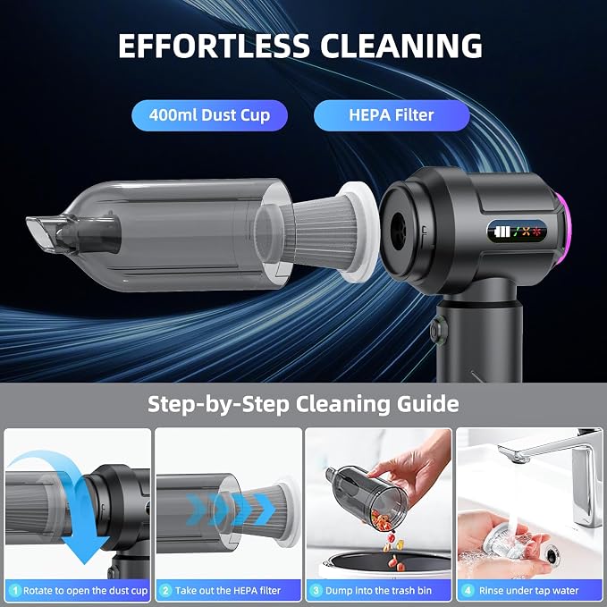 Cordless Vacuum Cleaner - 22000PA Handheld Car Vacuum, 4-in-1 Portable Mini Air Duster Rechargeable, 3-Speed Small Powerful Gadgets & Gifts, for Home, Office, Mattress, Carpet, Pet (Black)