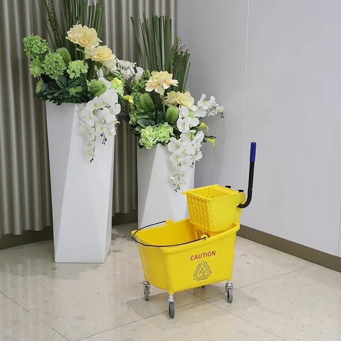 Midoneat Commercial Mop Bucket with Side Press Wringer on Wheels, 35Qt,Yellow Including One Commercial Mop