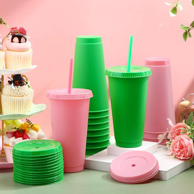 Honeydak 30 Pack Tumbler with Straw and Lid Bulk Cups for Gifts Water Bottle Iced Coffee Travel Mug Cup Reusable Plastic Tumblers for Party Birthdays 24-27 oz (Pink and Green Color)