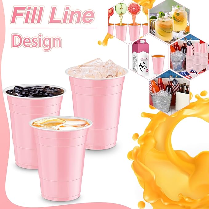 Lounsweer 100 Pcs 16 oz Disposable Party Cups Plastic Heavy Duty Drinking Water Cups for Birthday Baby Shower Wedding BBQ Picnic Party Supplies(Light Pink)