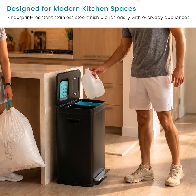 Home Zone Living 19 Gallon Kitchen Trash Can with Dual Compartments for Recycling, CleanAura Odor Control, Stainless Steel, Matte Black, 70 Liters Total