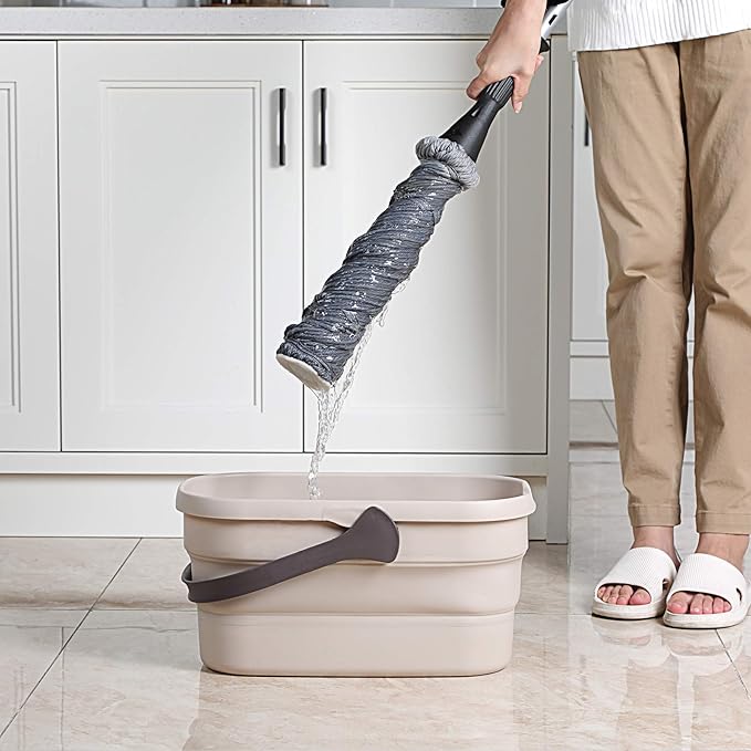 Eyliden Twist Mop and Collapsible Bucket Combo, Easy Wringing Mop with 2 Reusable Heads, Portable Handy Bucket for Cleaning, Camping, Tailgating and More