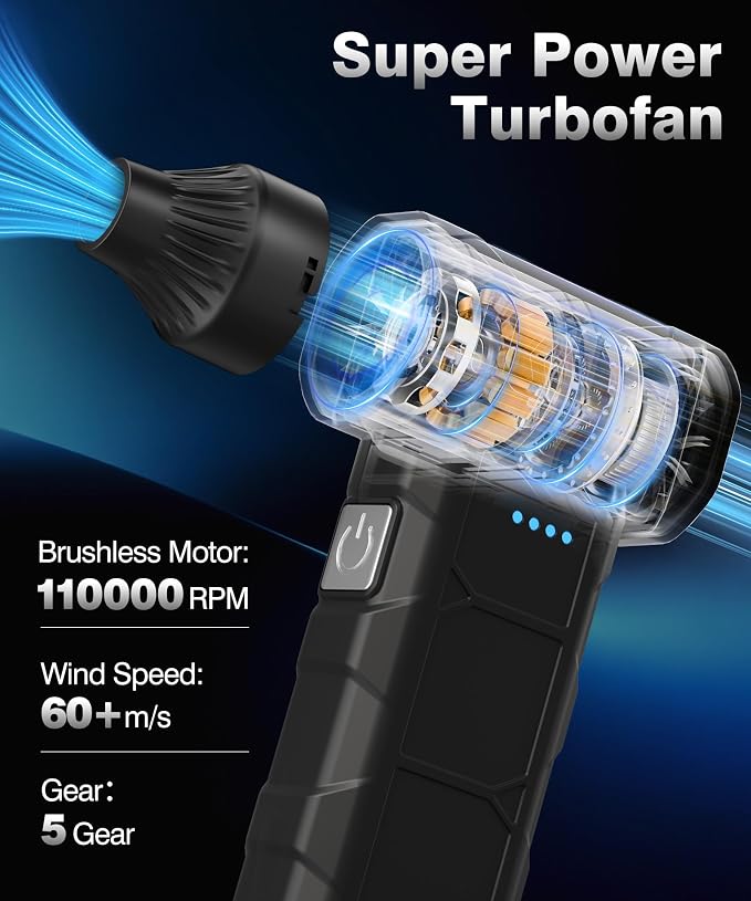 Compressed Air Duster, 110000 RPM High-Speed Electric Air Duster with Brushless Motor, 3 Rotatable Nozzles, 5 Speed Modes & 4000mAh Rechargeable Battery for PC, Keyboard, Car, House, Outdoor