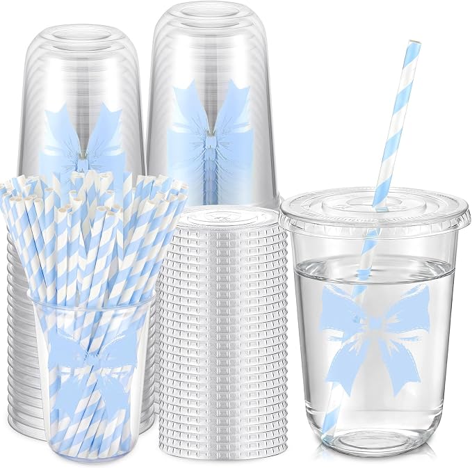LemonRoad 50sets 16oz Blue Bow Cups Birthday Party Decorations Supplies Cute Plasic Cups Disposable with Lids and Straws for Valentines Galentines Day Christmas Wedding Baby Shower Decorations