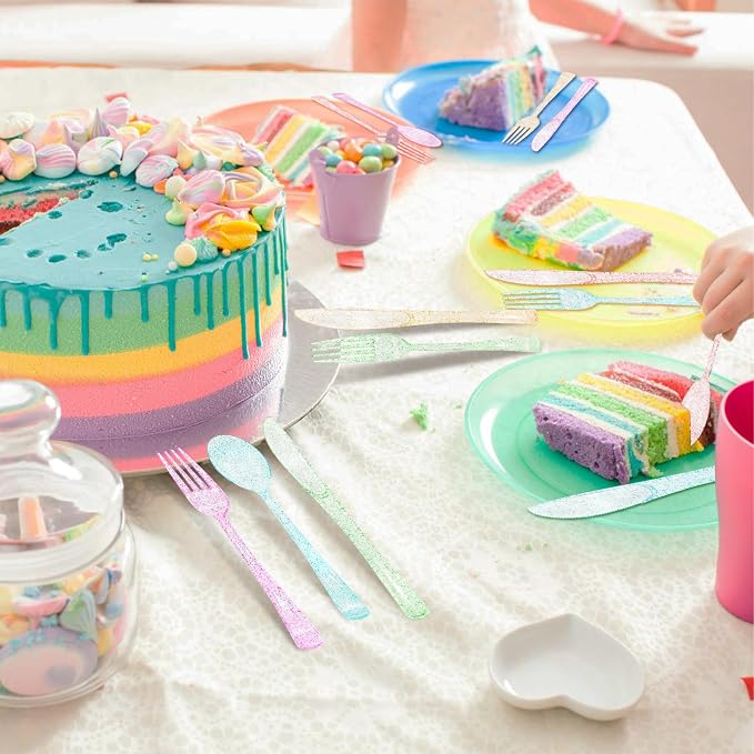 150 PCS Clear Pastel Plastic Silverware Disposable Pastel Utensils Set Heavy Duty Includes 50 Forks 50 Knives 50 Spoons for Birthday Wedding Baby Shower, Tea Party