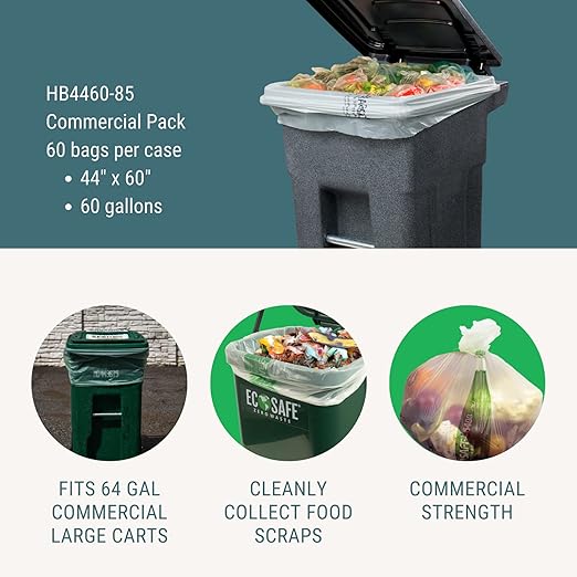 EcoSafe-6400 HB4460-85 Certified Compostable Bag - 44x60” Green Bags for 60 Gallon Bin - Extra Strong Leak, Puncture and Tear Resistant Food Scraps Bin Liners, Pack of 60