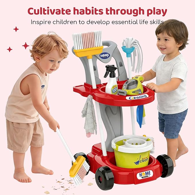 Toddler Cleaning Toy Set, Kids Cleaning Set - Pretend Play Educational Kit with 2-in-1 Toy Vacuum, Mobile Cleaning Cart, Broom & Dustpan, Home Cleaning Toys for Boys Girls(Red)