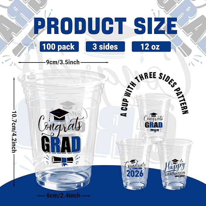 100 Pack Graduation Plastic Cups 12 oz Blue Disposable Class of 2026 Decorations Graduation Party Favor Drinking Beverage Cup for Party Supplies Decorations