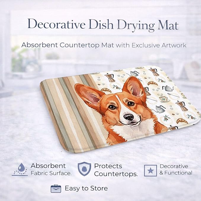 Caroline's Treasures Red Cardigan Welsh Corgi Coffee Bar Dish Drying Mat Absorbent Dish Drying Mat Pad for Kitchen Counter Dish Drainer Mat for Countertop, 14 x 21", Multicolor