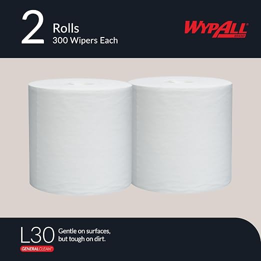WypAll GeneralClean L30 Cloths Heavy Duty Cleaning Wipes (05820), Center-Pull, Strong and Soft Bulk Paper Wipers, White (300 Sheets/Roll, 2 Rolls, 600 Sheet Total)