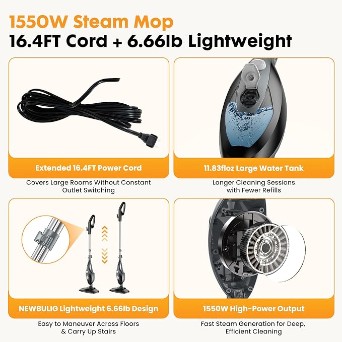 14-in-1 Steam Mop, 1550W Detachable Handheld Steam Cleaner for Floor Cleaning, 16.4 FT Cord, 2 Washable Pads, Multi-Purpose Floor Steamer for Hardwood, Carpet, Tile, Grout