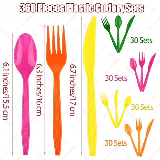 Kochorie 360 Pieces Neon Party Plastic Cutlery Set Disposable Colorful Plastic Utensils Heavy Duty Flatware Set Includes 120 Knives 120 Forks 120 Spoons for Party Birthday Wedding