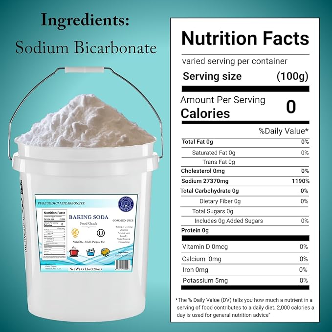 Pure Baking Soda Powder - 45 lb Pail | Organic Food Grade Sodium Bicarbonate - Multi-Purpose and DIY Household Formulas