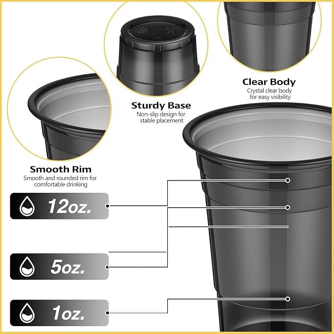 LemonRoad 100 Pack 16oz Black Clear Plastic Cups, Party Disposable Drinking Cups Bulk for Parties Picnics Cold Beverages, Smoothies, Events Celebrations Meeting Wedding Holiday Party