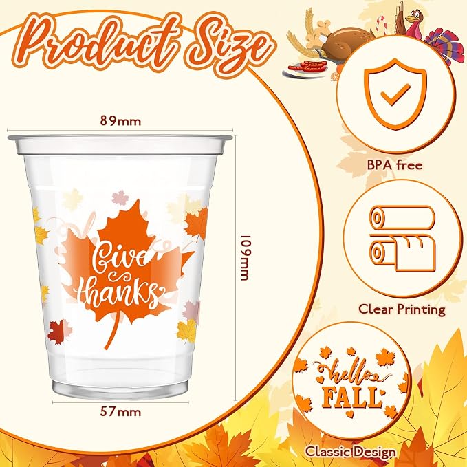 Meanplan 100 Pcs Thanksgiving Plastic Cups Bulk 12oz Fall Disposable Cups Autumn Pumpkin Leaf Turkey Clear Drinkware Tumblers Coffee Juice Wine Glasses Harvest Wedding Party Supplies(Maple)