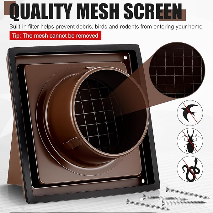 Gisafai 4" Outside Dryer Vent Cover for Exterior Walls Exhaust Vent Cap with Removable Extension Pipe Stainless Steel Hood Cushioned Non Return Flap with Sealing Gasket Grille Screen