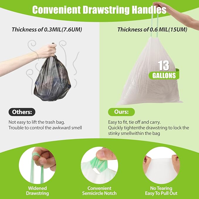 ValueGuard Large Trash Bag 13 Gallon Tall Drawstring 100% Post-Consumer Recycled Garbage Bag Waste Bag for Kitchen Office 0.6 Mil (200 Count)