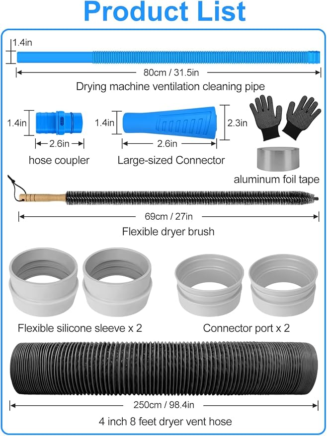 4" 8feet Dryer Vent Hose and Cleaning Kit,Dryer Vent Cleaner Kit,Dryer Vacuum Hose Attachment with Dryer Lint Brush&Dryer Cleaning Hose,Dryer Duct Cleaning Kit,Dryer Lint Cleaner,Dryer Vent Kit