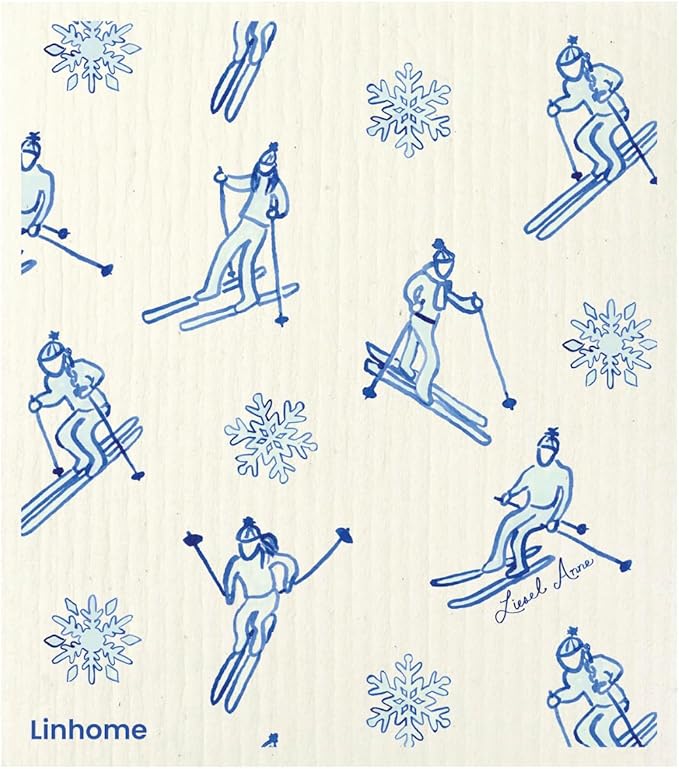 Christmas Holiday Ski Collection Swedish Dishcloth, Reusable Paper Towel, Super Absorbent Cellulose Sponge, Washable Kitchen Cleaning Cloth (Ski Lodge - 4 Pack)