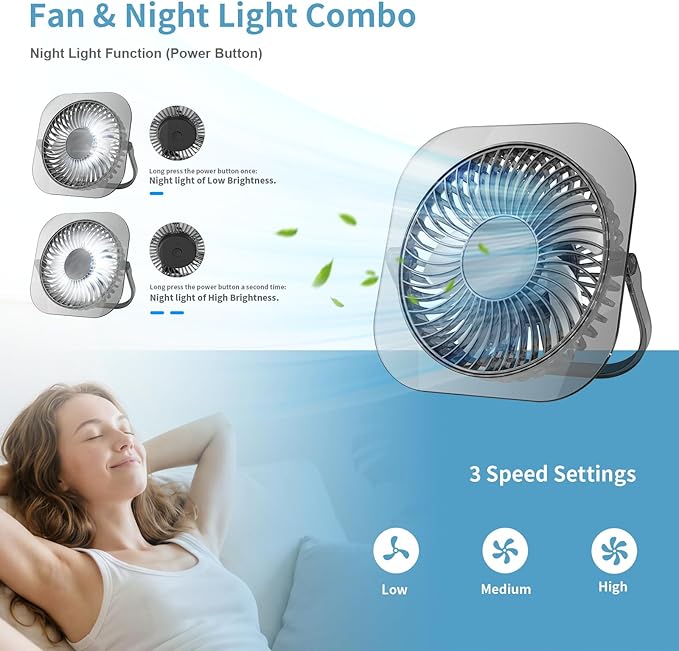 Antarctic Star Ultra-Thin USB Desk Fan, Personal Portable Desktop Cooling Fan with 3 Speeds & Night Light, 5W Powerful Quiet Small Fan for Bedroom Office Home, Powered by USB Cable