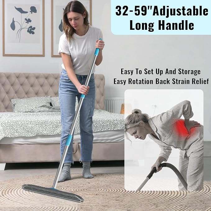 Carpet Rake for Pet Hair Removal Tool, 2 in 1 Carpet Scraper with 59" Adjustable Handle, Silicone Rug Rake for Dog & Cat Fur Hair, Pet Hair Remover for Rugs, Mats, Couch, Furniture, Floor
