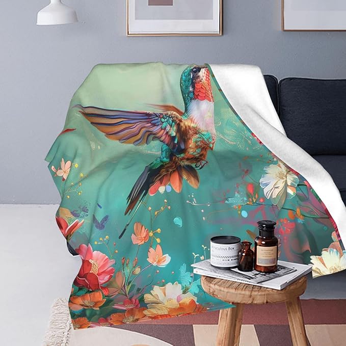 Hummingbird Flower Blanket Bird Floral Blossom Decor Throw Blanket Cozy Plush Flannel Fleece Warm Soft Lightweight Fuzzy Blanket Gifts for Women Girls Boys Teens for Bed Sofa Couch 40"X50"