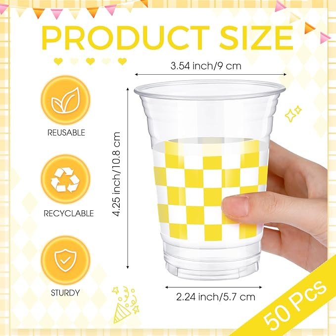 SiliFine 50 Pcs 12 oz Yellow Checkered Plastic Cups Clear Disposable Gingham Plaid Party Cups for Baby Shower, Dinner Birthday Baby Shower Wedding Party Decorations