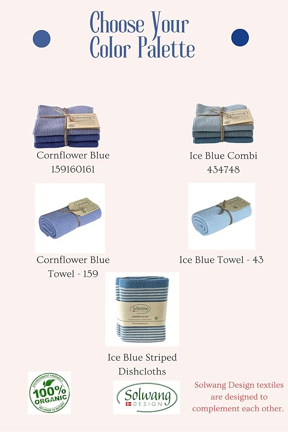 Solwang 3-Piece Danish Cotton Dishcloths in 100% Certified Organic Cotton Made in India (Cornflower Blue Organic Combi)