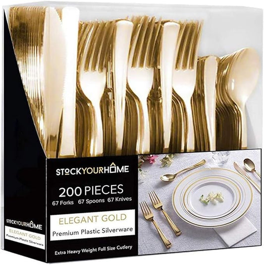 Gold Plastic Silverware Set (200-Pack) – Disposable Heavy Duty Cutlery, 67 Forks, 67 Knives, 67 Spoons for Parties, Weddings, Dinners & Holidays