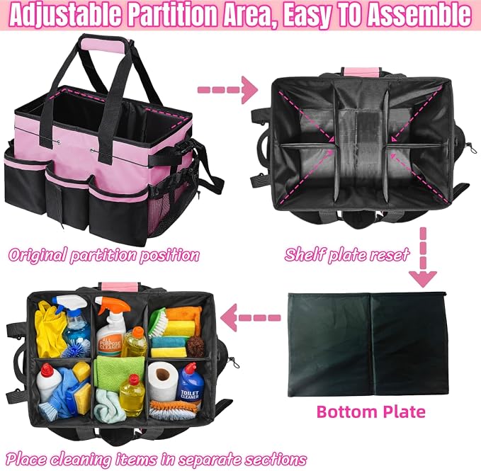 BLIRITEL Large Cleaning Caddy Bag with Handle, Cleaning Caddy Organizer with Shoulder Strap, Multi-Compartment Cleaning Supply Tote for Cleaners & Housekeepers (Pink)