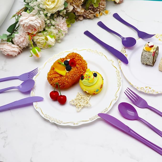 180 PCS Purple Plastic Silverware Heavy Duty Purple Plastic Cutlery Set Disposable 60 Forks, 60 Knives, 60 Spoons for Birthday, Wedding, Picnic, Baby Shower