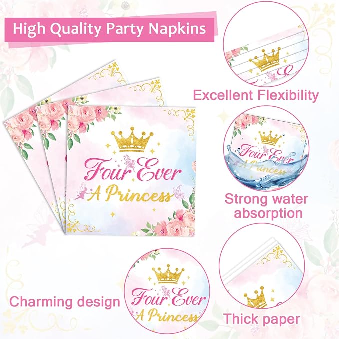 96Pcs Four Ever a Princess Plates and Napkins Girl 4th Birthday Party Decorations Royal Pastel Castle Dessert Disposable Plates Pink & Gold Tableware Set for 24 Guests Floral Fairytale Party Supplies