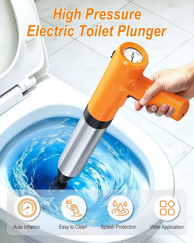 Ublue Electric Toilet Plunger, 4 in 1 High Pressure Toilet Unclogger with Multi-Purpose Heads & Automatic Inflation, Heavy Duty Drain Clog Remover for Bathroom, Washbasin and Floor Drain