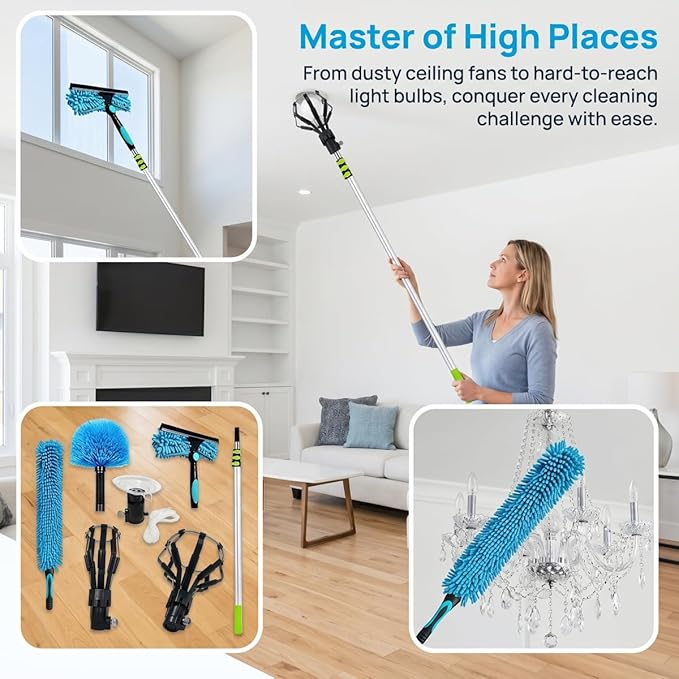 20FT Light Bulb Changer for high Ceilings with 5-12FT Telescoping Pole,Ceiling Fan Cleaner Duster with Extension Pole,Light Bulb Changer and Cobweb,Window Cleaning Kit for Home House Roof