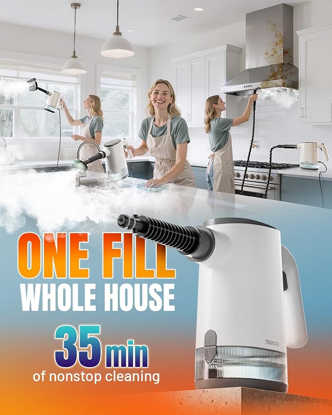 Handheld Steam Cleaner for Home, 3s Instant Heat Pressurized Steamer with 650ML Long-Lasting Tank – Lightweight Portable for Kitchen, Grout, Pet Stains, Couch, Car, Bathroom, Tile, Oven, BBQ Grill