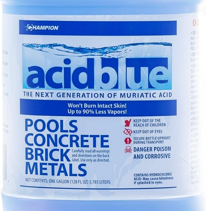 CPDI Champion 4-Pack Acidblue Muriatic Acid for Swimming Pools & Spas, 1 Gallon Each - Low-Fume pH Stabilizer & Cleaner for Concrete & Masonry Surfaces, Clears Rust & Scale Build-Up